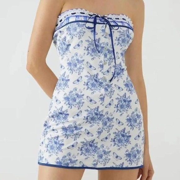 Blue‎ & White Floral Butterfly Print Strapless Mini Dress Lace Trim - Picture 1 of 7